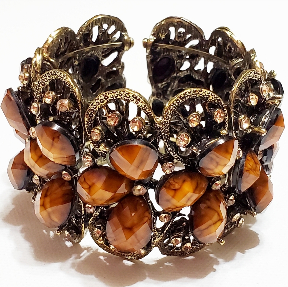 Bracelet Antique Gold Cuff with Crystals & Brown
